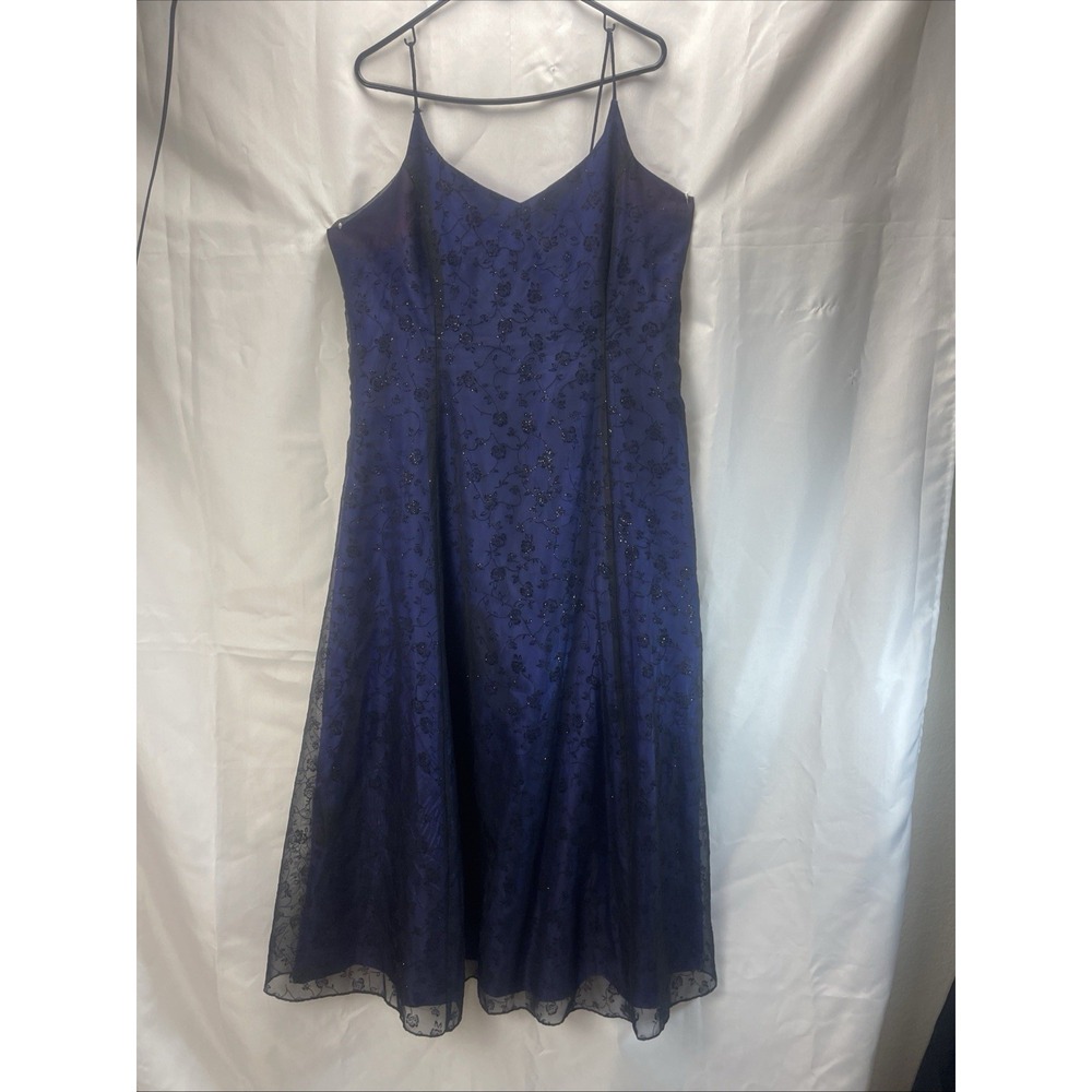 Rebecca Taylor Blue Floral Beaded Overlay Evening Dress 3XL Spaghetti Strap